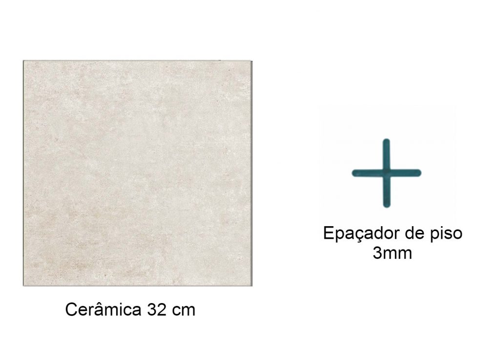 Cerâmica medindo 32 cm e o espaçador de piso medindo 3 mm