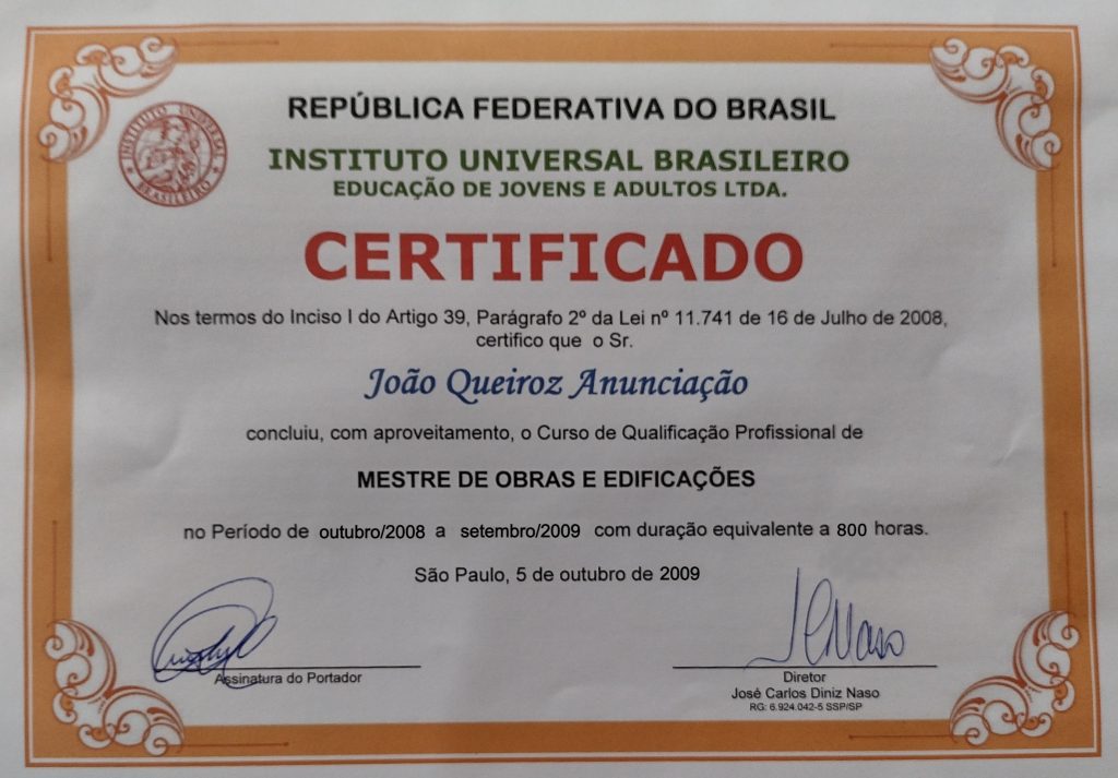 certificado de curso de mestre de obras