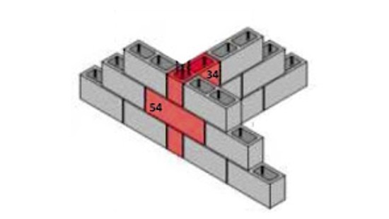 Encontro de paredes em T feito com blocos estruturais 34 e 54
